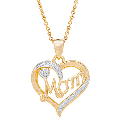 Sparkling Gold-Plated 'Mom' Heart Pendant with Diamond Accent and 18" Chain