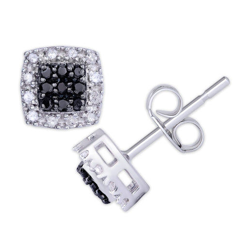 Sterling Silver 13 Ct Black and White Diamond Square Stud Earring