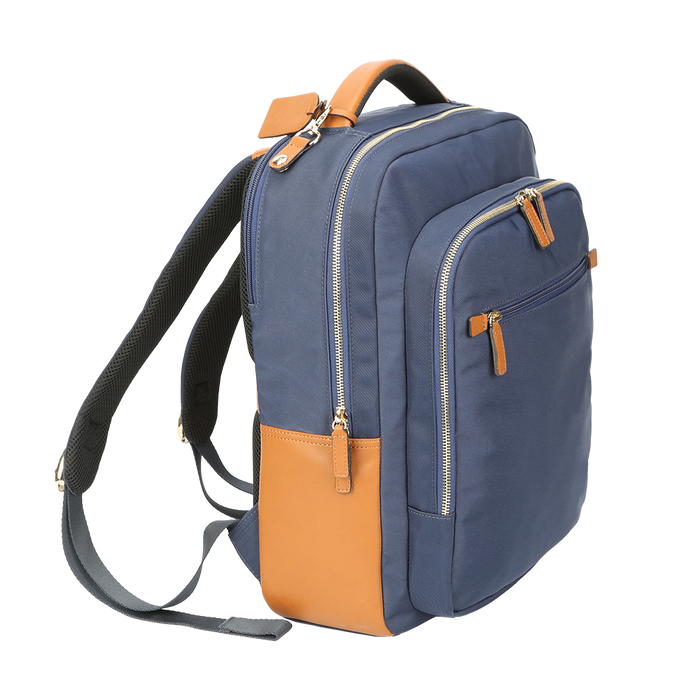 Navy Nylon Laptop Backpack with Leather Trim