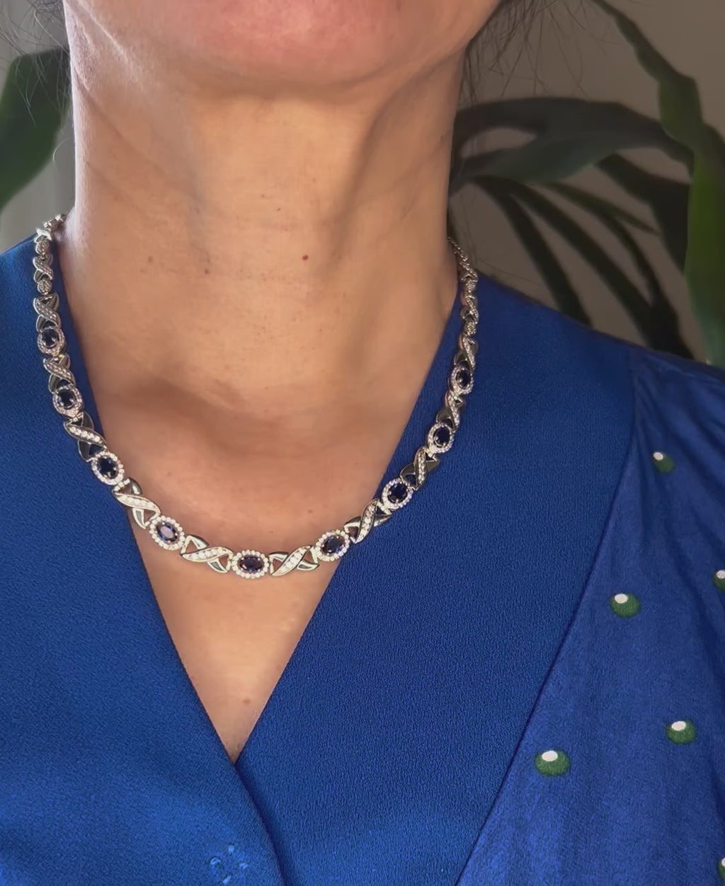 Simulated Sapphire and Cubic Zirconia Oval XO Frontal 18'' Necklace in Fine Silver Plate - leathersilkmore.com