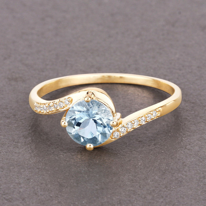 0.79 Carat Genuine Aquamarine and White Diamond 14K Yellow Gold Ring